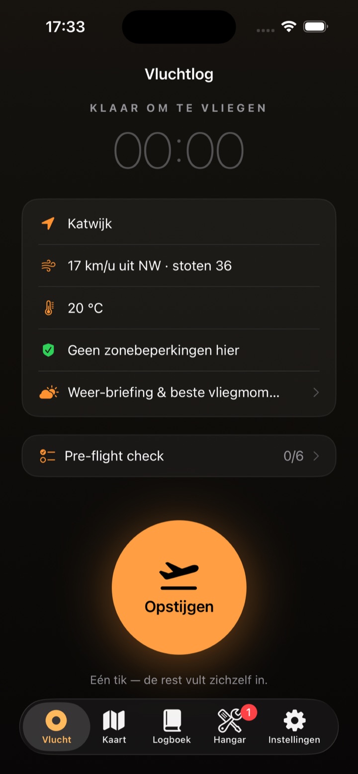 Vluchtlog-app: vluchtscherm met één grote Opstijgen-knop, locatie, weer en zonecheck.