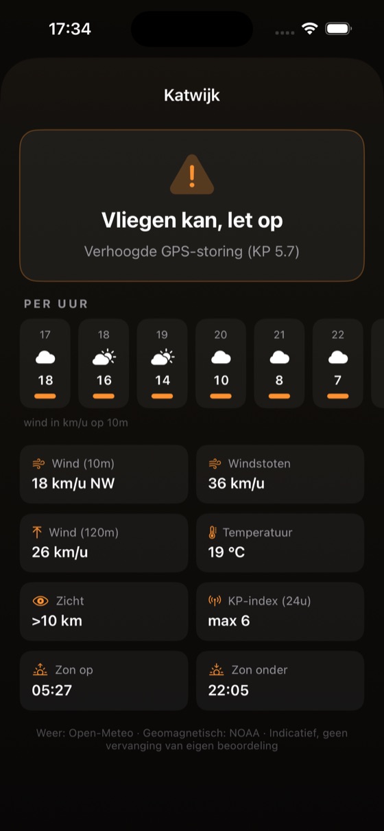 De weer-briefing met vliegbaar-oordeel per uur in de Vluchtlog-app
