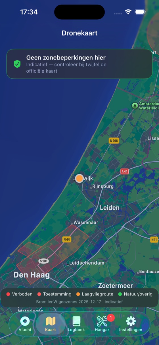 De dronekaart met officiële IenW-geozones in de Vluchtlog-app