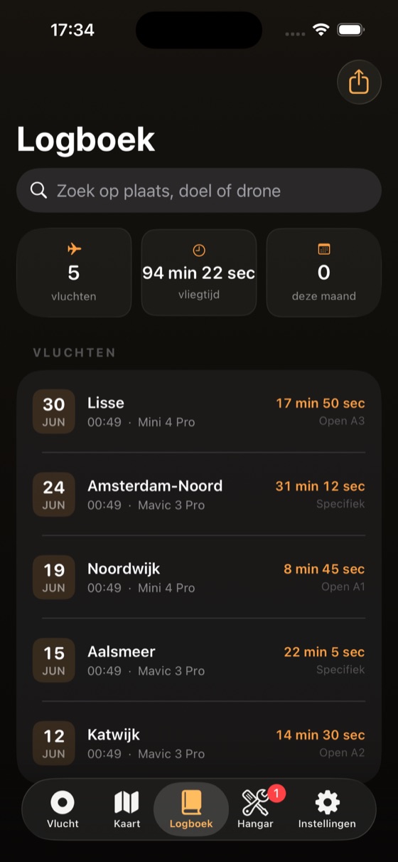 Het logboek met vluchten, statistieken en export in de Vluchtlog-app